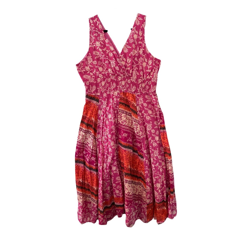 Jane Ashley Maxi Dress Womens 2X Pink Orange Floral Cotton Boho Smocked V-Neck